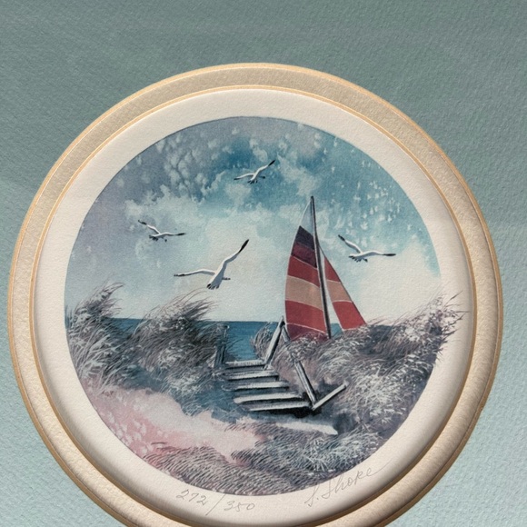 Waters Edge Signed by Irene Shore Framed Nautical Lithograph with Sailboat. - Picture 2 of 7